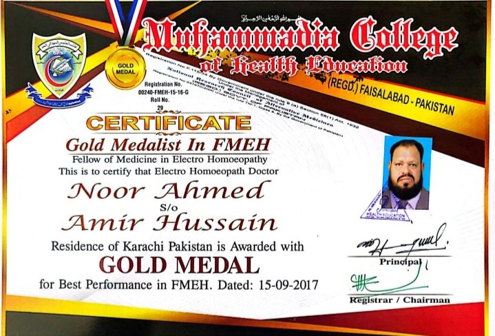 Gold Medalist — FMEH, Fellow of Medicine in Electro Homoeopathy